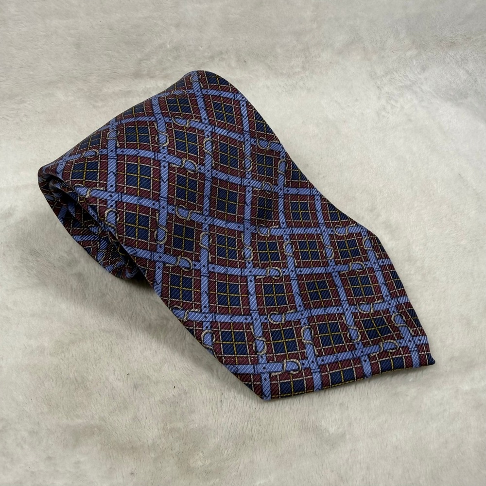 Roberta di Camerino Mens Silk Tie Blue Burgundy Plaid Equestrian Belt Italy